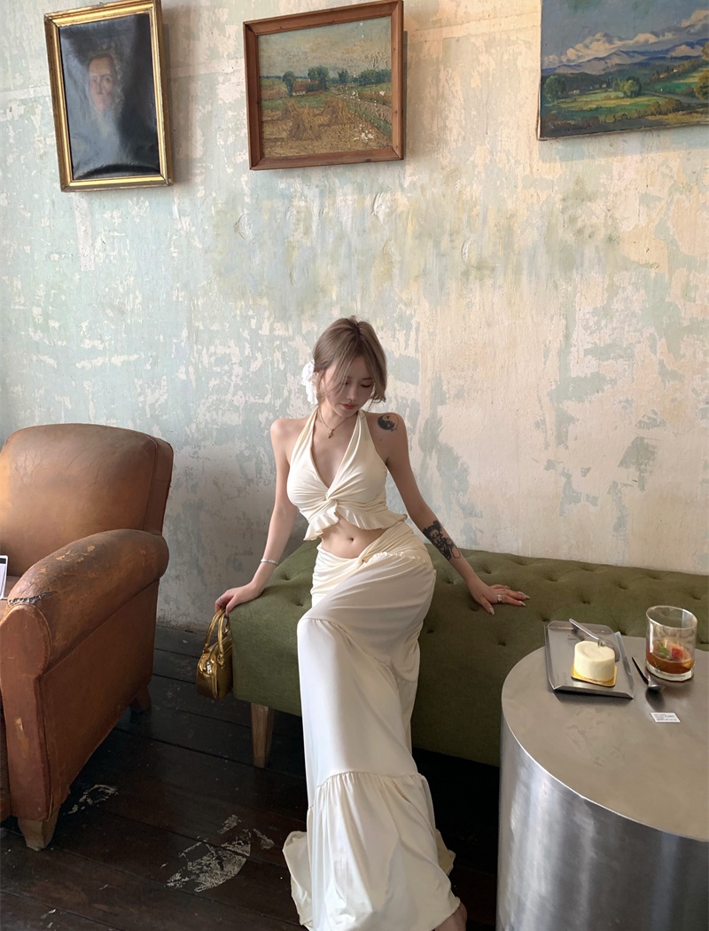 Halter vacation tops bandage long skirt 2pcs set