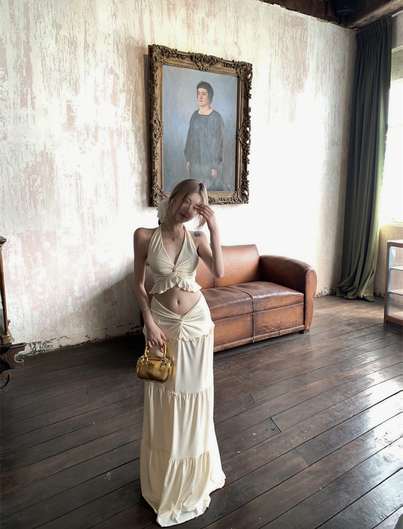 Halter vacation tops bandage long skirt 2pcs set
