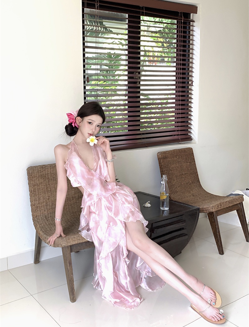 Pink gradient temperament foam multilayer dress
