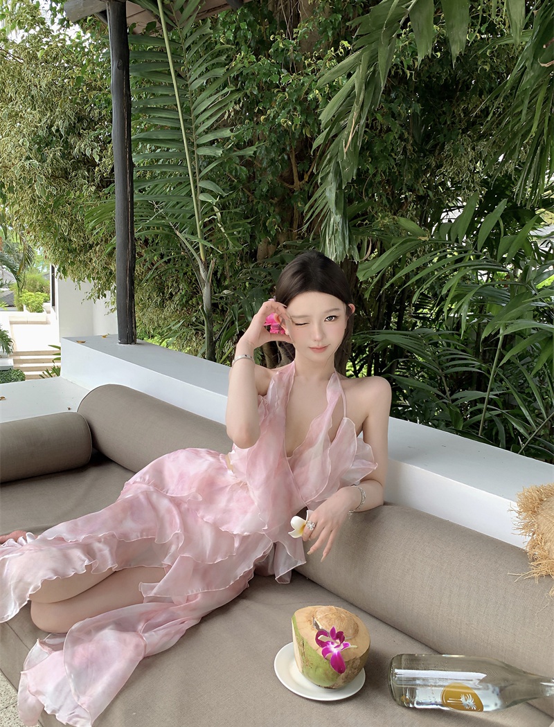 Pink gradient temperament foam multilayer dress