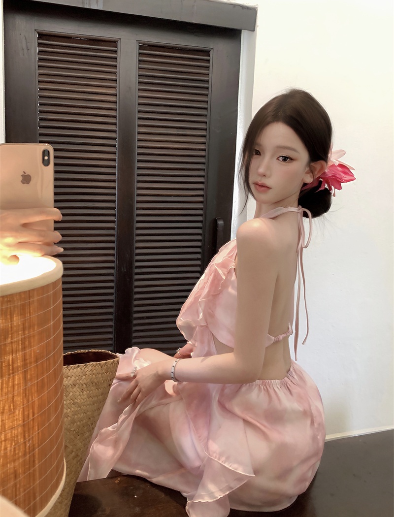 Pink gradient temperament foam multilayer dress