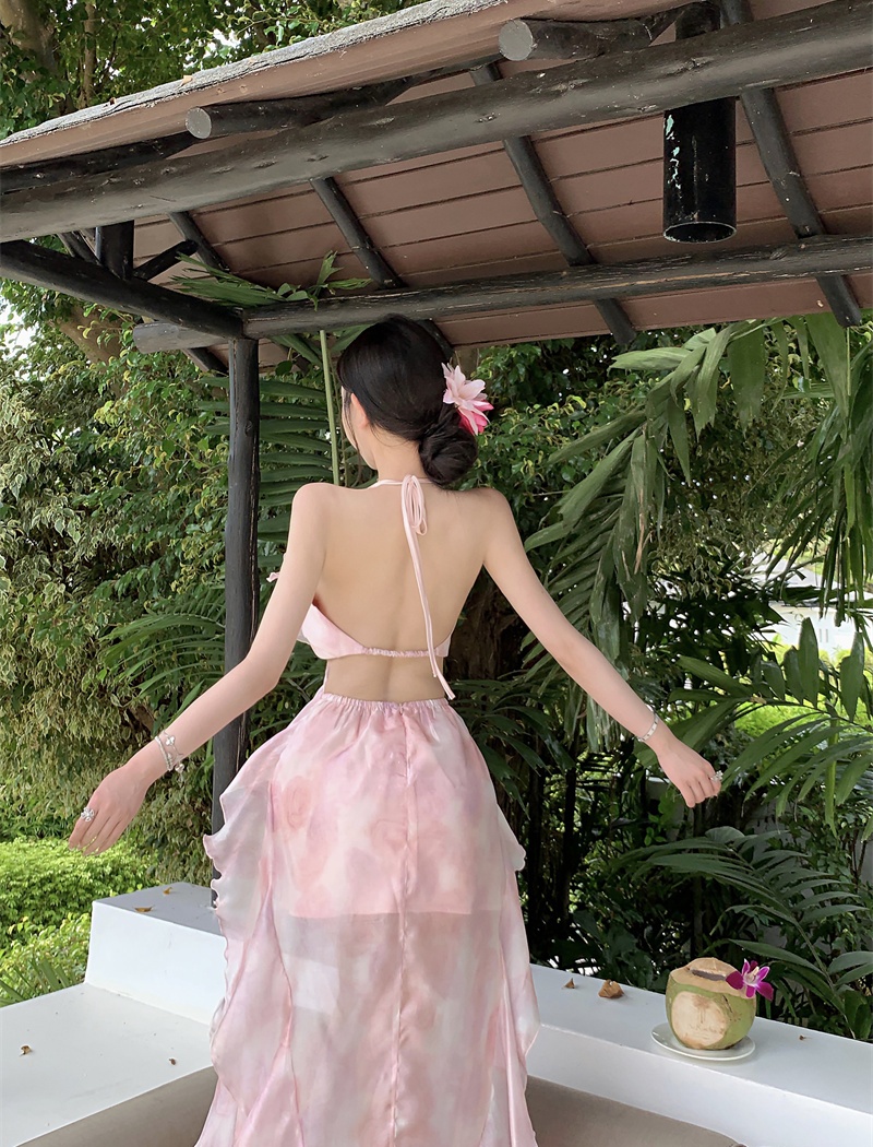 Pink gradient temperament foam multilayer dress