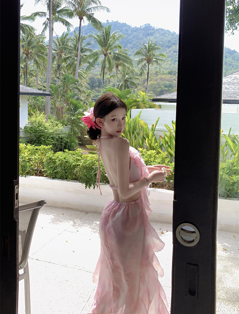 Pink gradient temperament foam multilayer dress