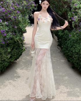 Vacation summer enticement dress sling gauze lace long dress