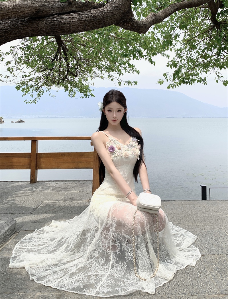 Vacation summer enticement dress sling gauze lace long dress