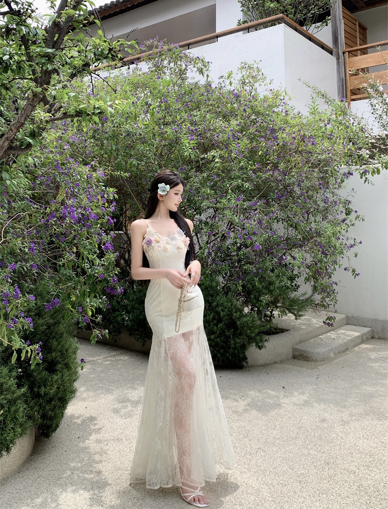 Vacation summer enticement dress sling gauze lace long dress