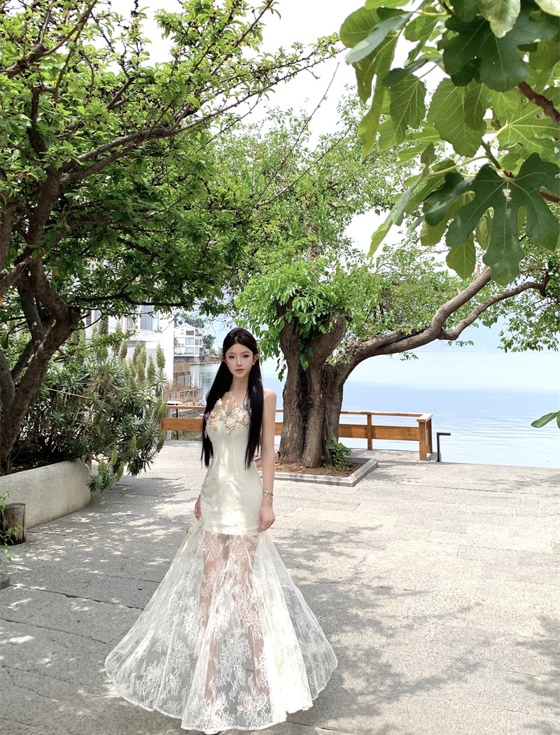 Vacation summer enticement dress sling gauze lace long dress