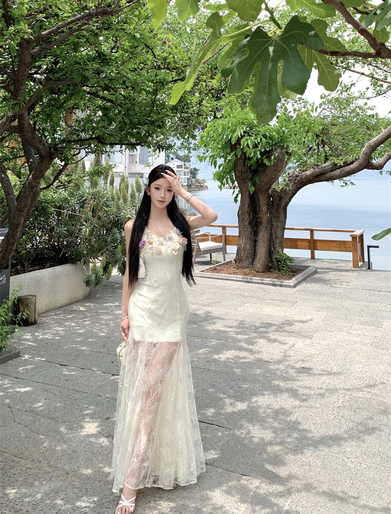 Vacation summer enticement dress sling gauze lace long dress