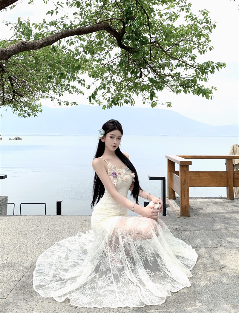 Vacation summer enticement dress sling gauze lace long dress