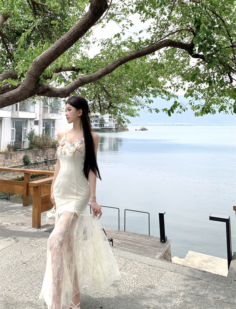 Vacation summer enticement dress sling gauze lace long dress