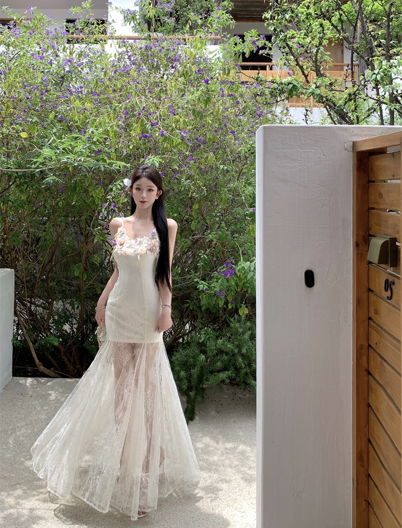 Vacation summer enticement dress sling gauze lace long dress