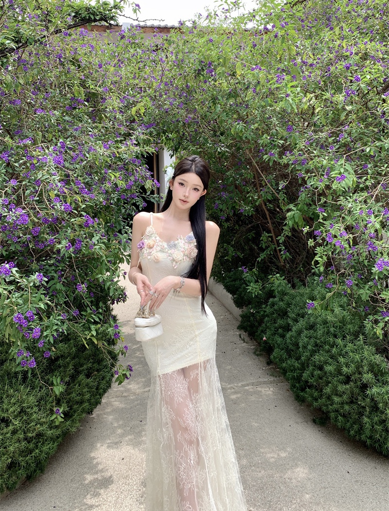 Vacation summer enticement dress sling gauze lace long dress