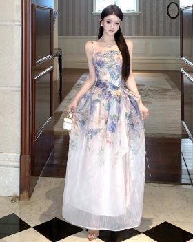 Purple bow dress floral sling belt