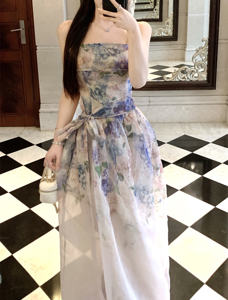 Purple bow dress floral sling belt