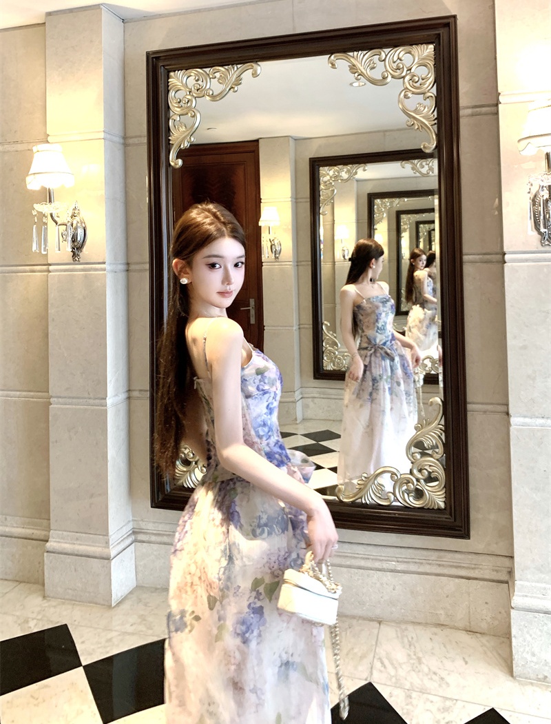 Purple bow dress floral sling belt