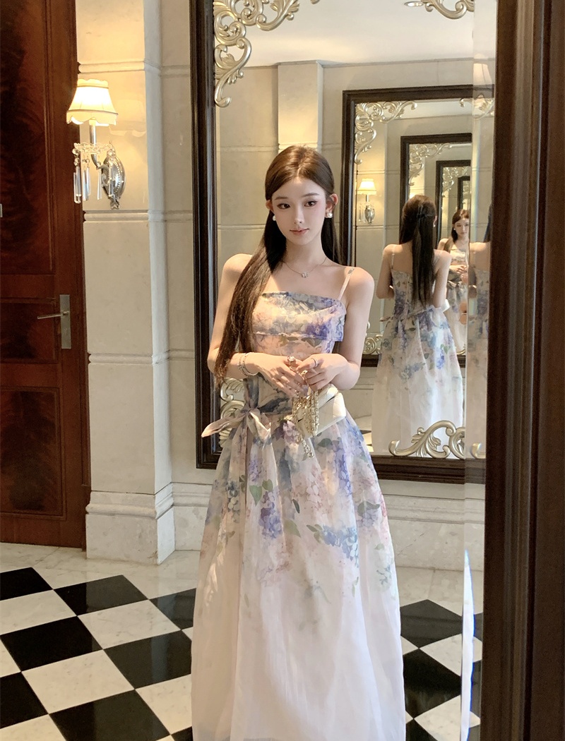Purple bow dress floral sling belt