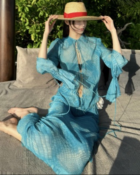 Blue split sun shirt bandage short skirt a set