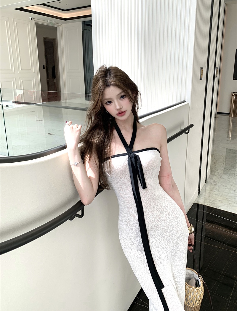 White vacation mixed colors wrapped chest dress