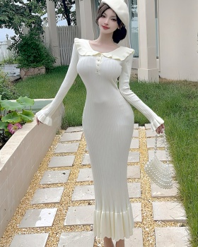 Navy collar mermaid dress autumn knitted long dress