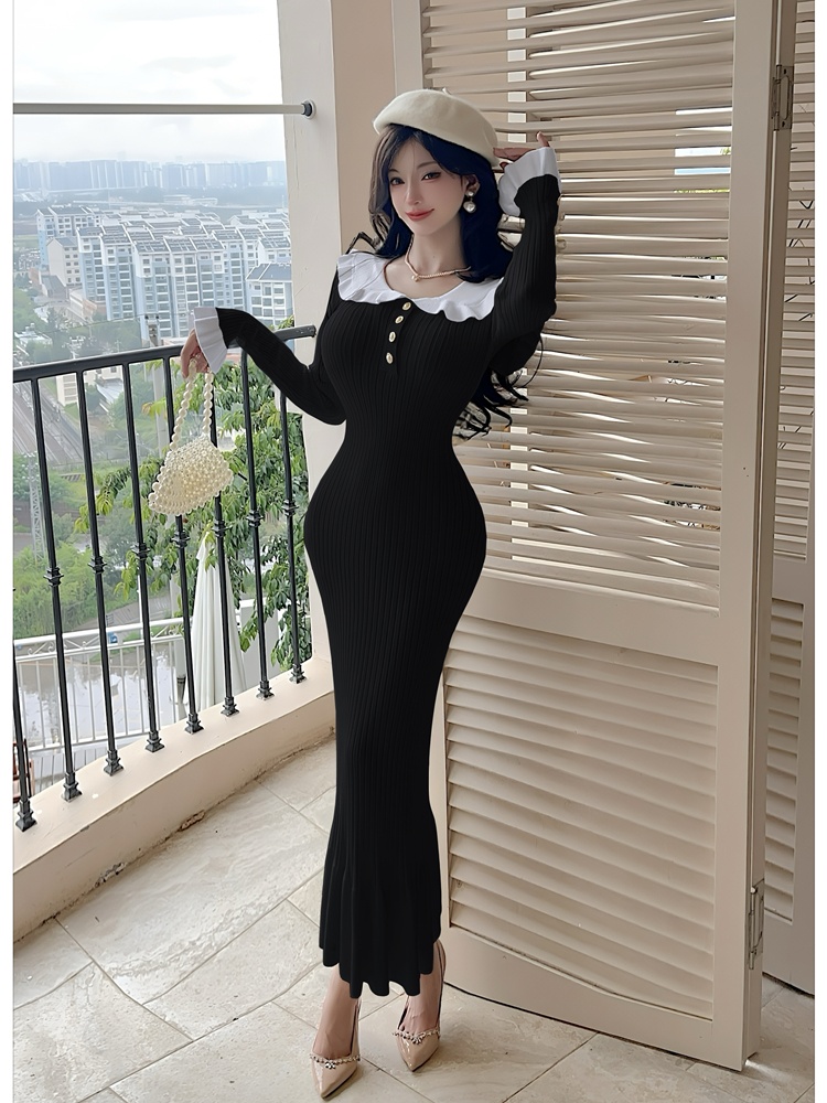 Navy collar mermaid dress autumn knitted long dress