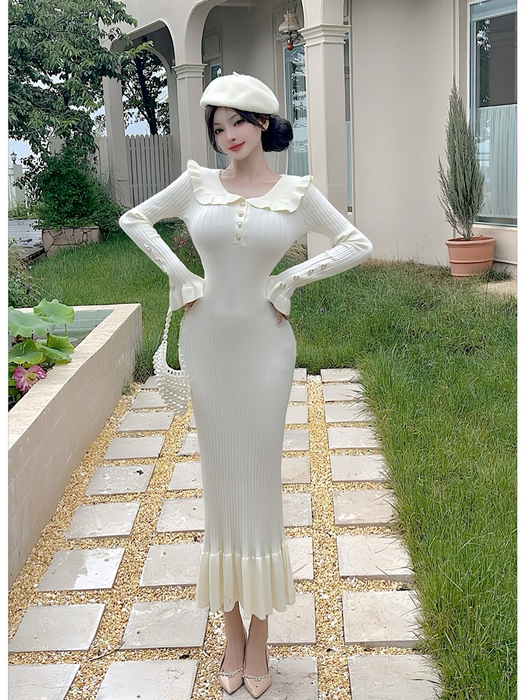 Navy collar mermaid dress autumn knitted long dress