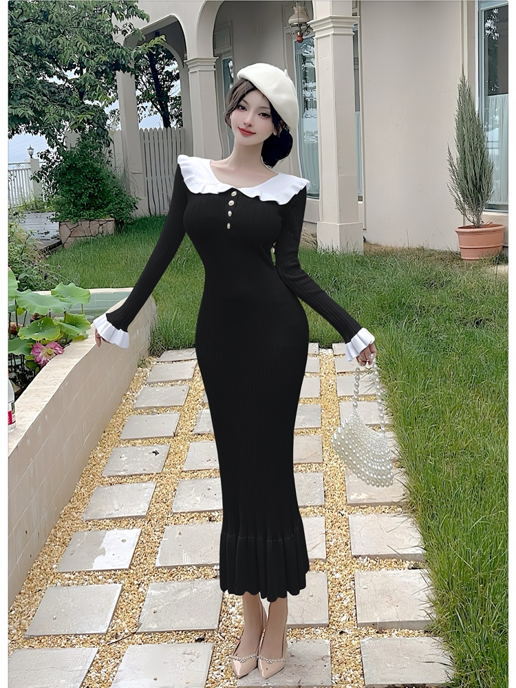Navy collar mermaid dress autumn knitted long dress
