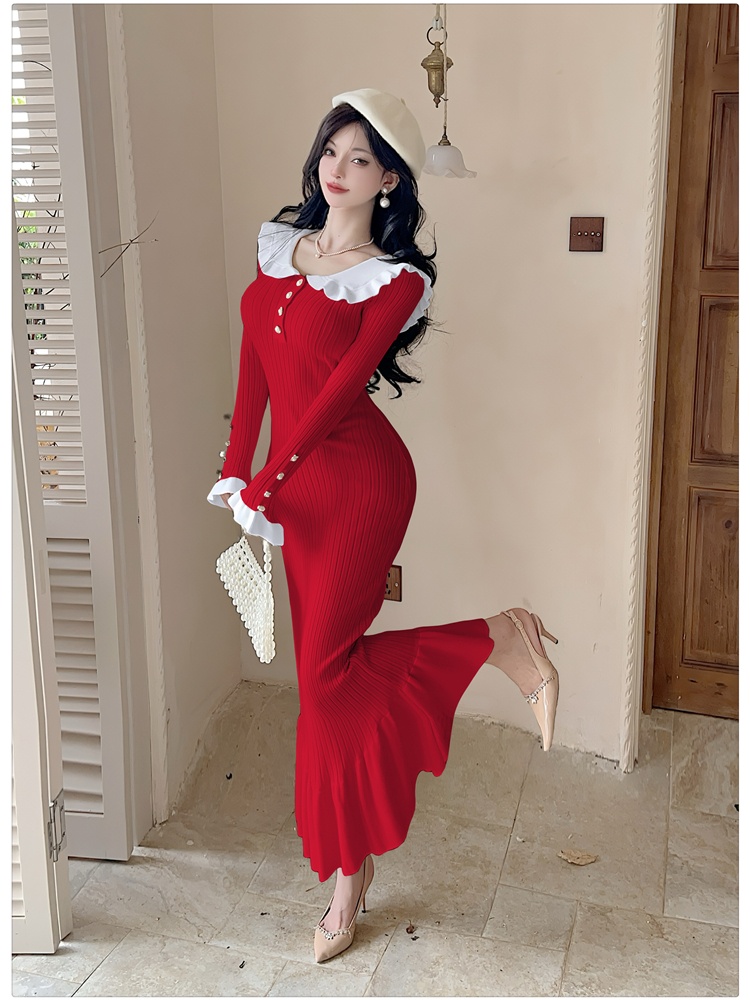 Navy collar mermaid dress autumn knitted long dress