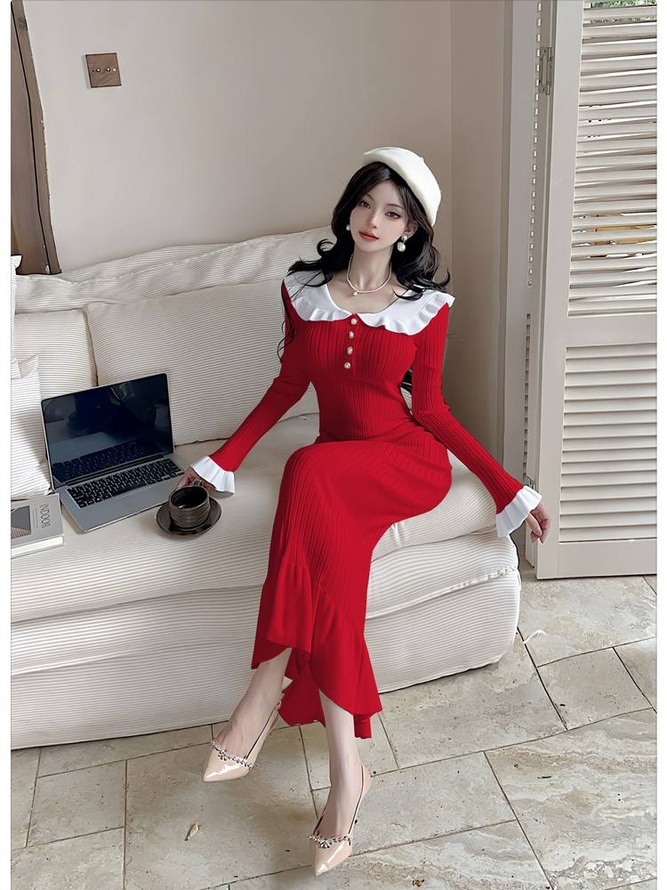 Navy collar mermaid dress autumn knitted long dress