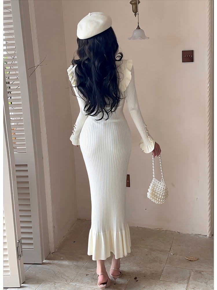 Navy collar mermaid dress autumn knitted long dress