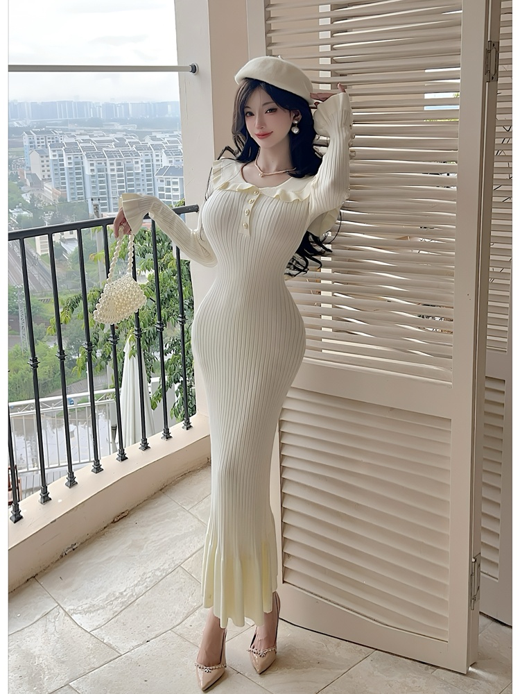 Navy collar mermaid dress autumn knitted long dress