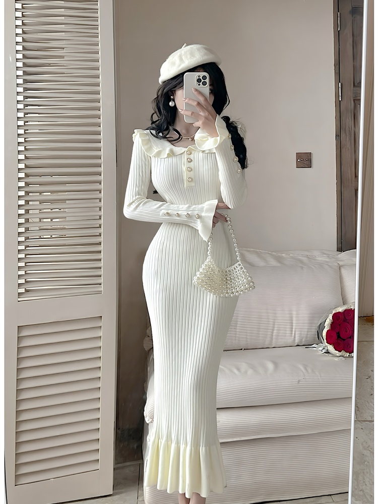 Navy collar mermaid dress autumn knitted long dress