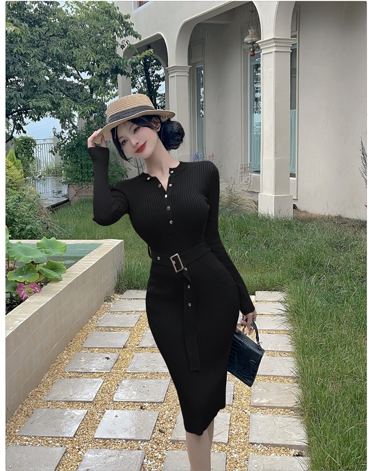 Round neck package hip autumn slim dress for women