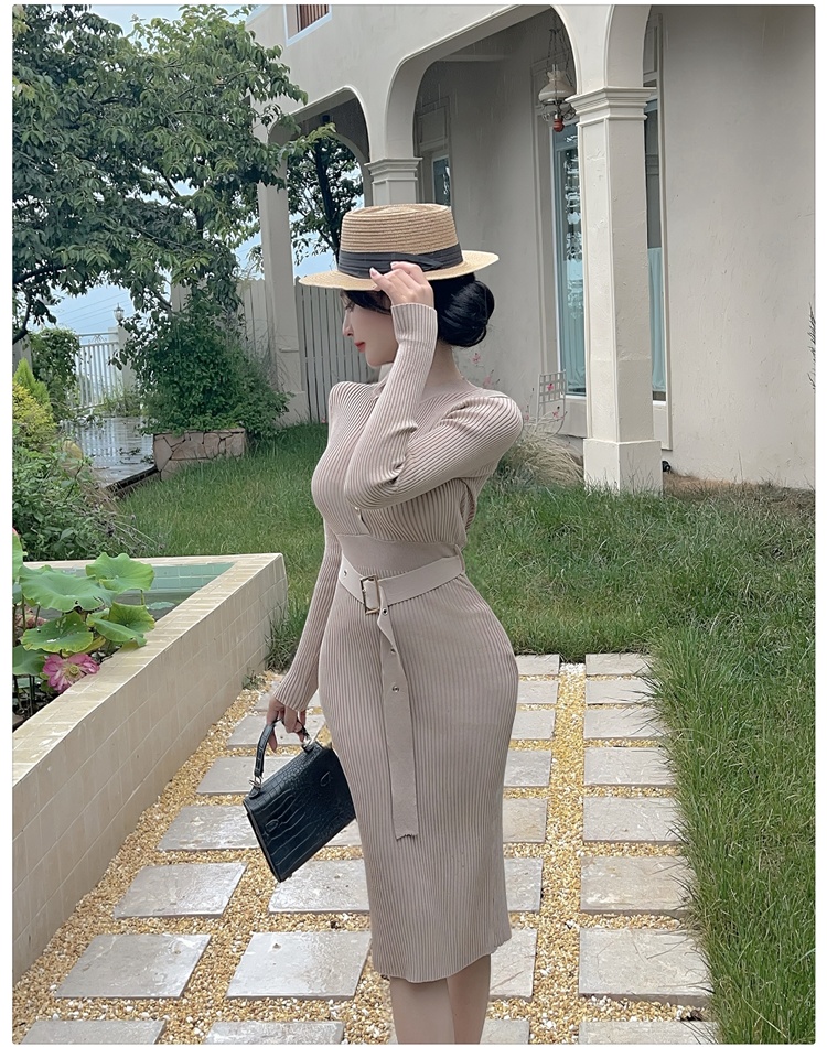 Round neck package hip autumn slim dress for women