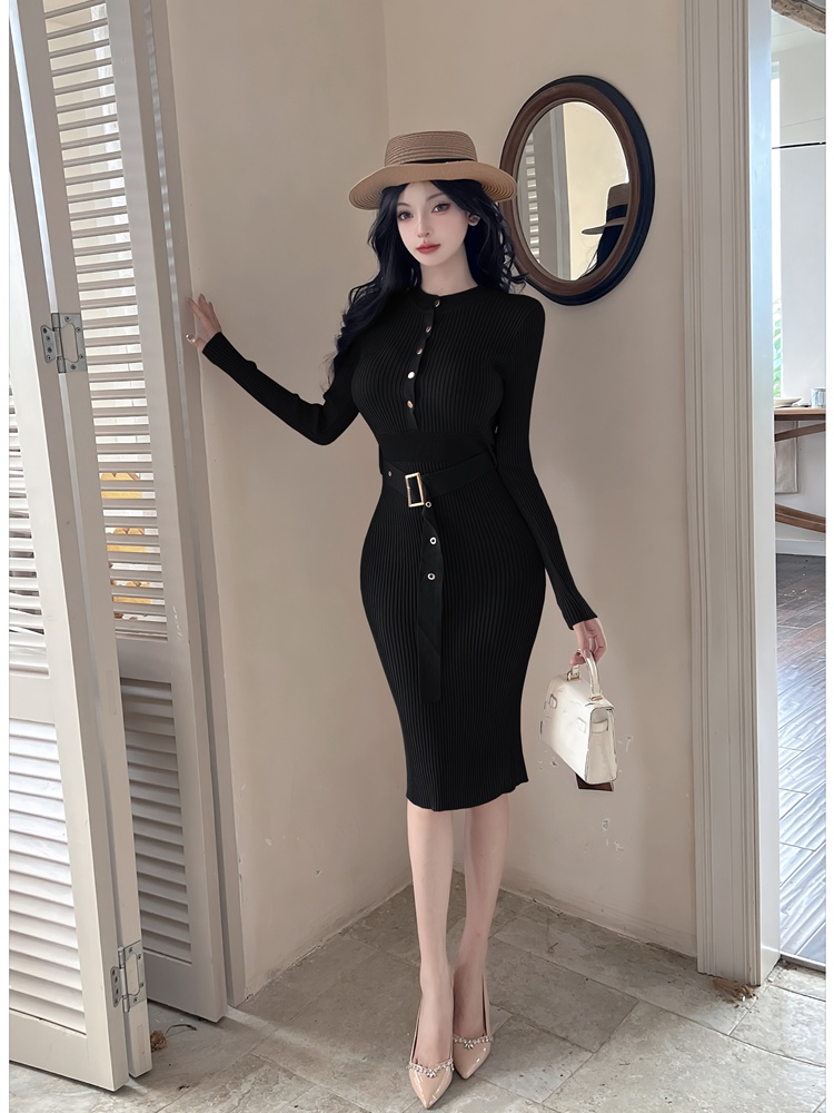 Round neck package hip autumn slim dress for women