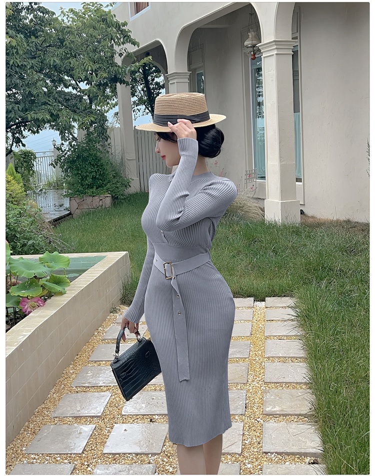 Round neck package hip autumn slim dress for women