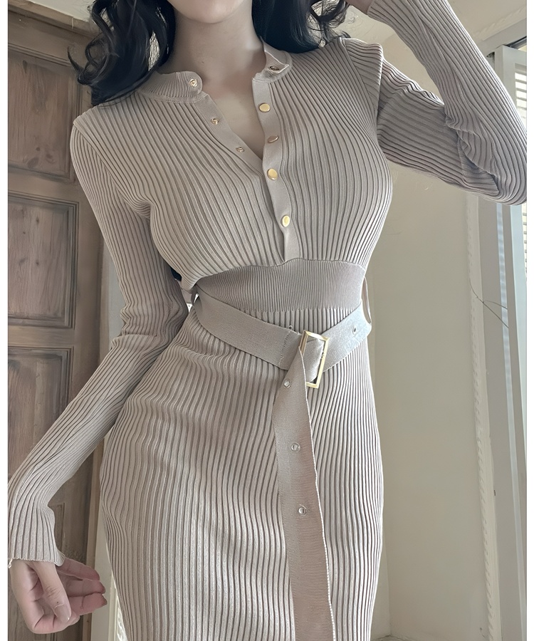 Round neck package hip autumn slim dress for women