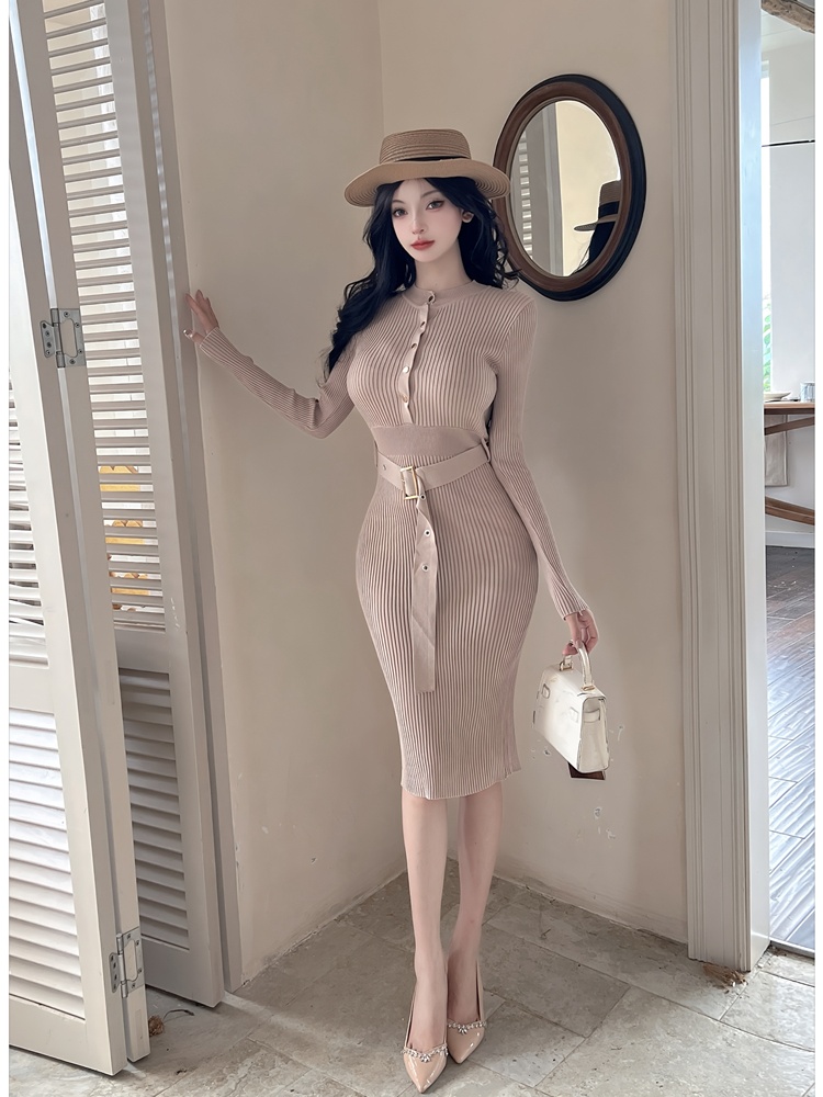Round neck package hip autumn slim dress for women