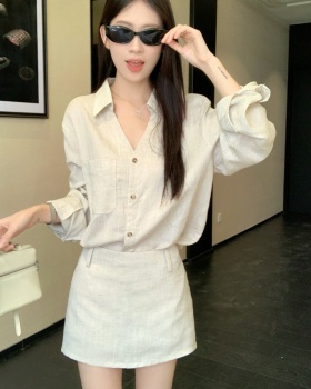 Summer flax thin breathable light short skirt a set
