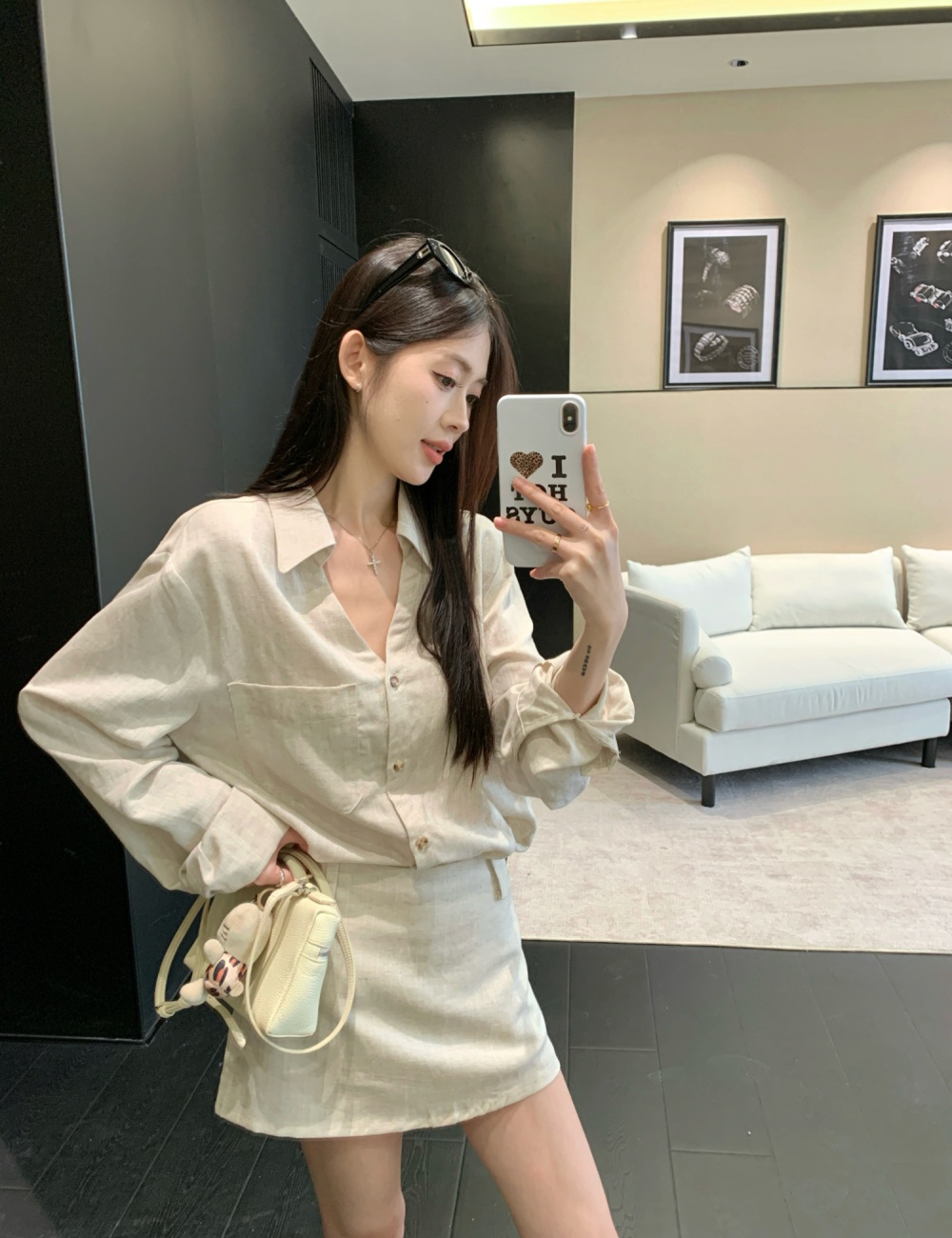 Summer flax thin breathable light short skirt a set