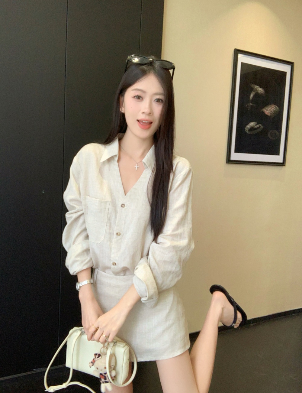 Summer flax thin breathable light short skirt a set