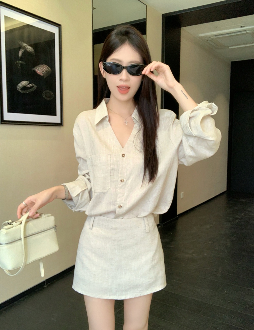 Summer flax thin breathable light short skirt a set