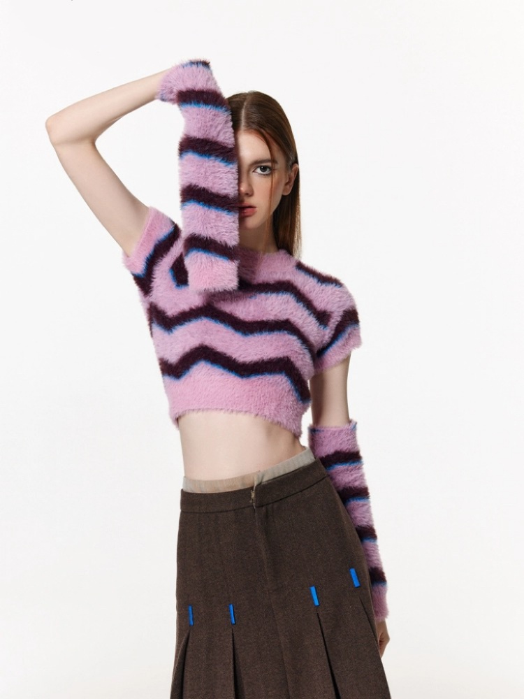 Imitation of mink velvet stripe knitted short tops