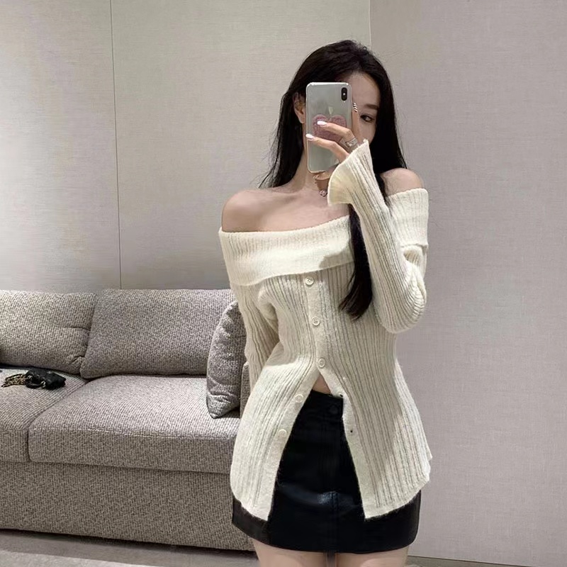 Autumn and winter wool flat shoulder sweater