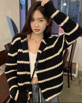 Knitted hooded coat black-white Casual cardigan for women