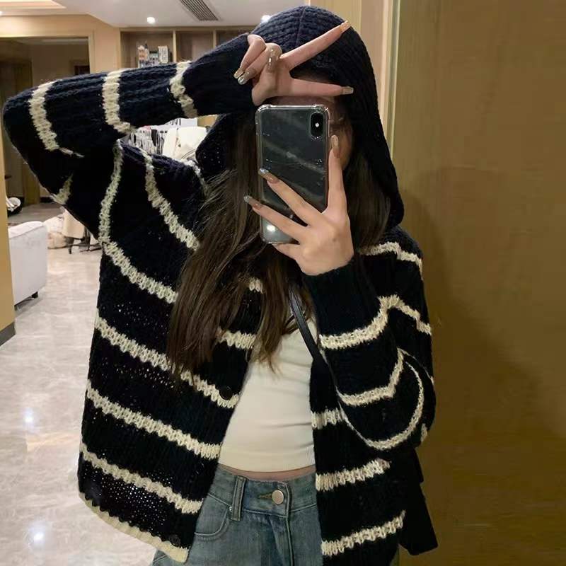 Knitted hooded coat black-white Casual cardigan for women