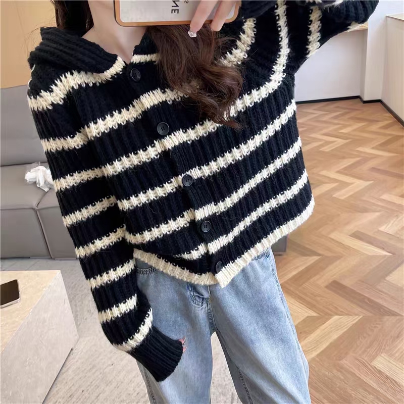 Knitted hooded coat black-white Casual cardigan for women