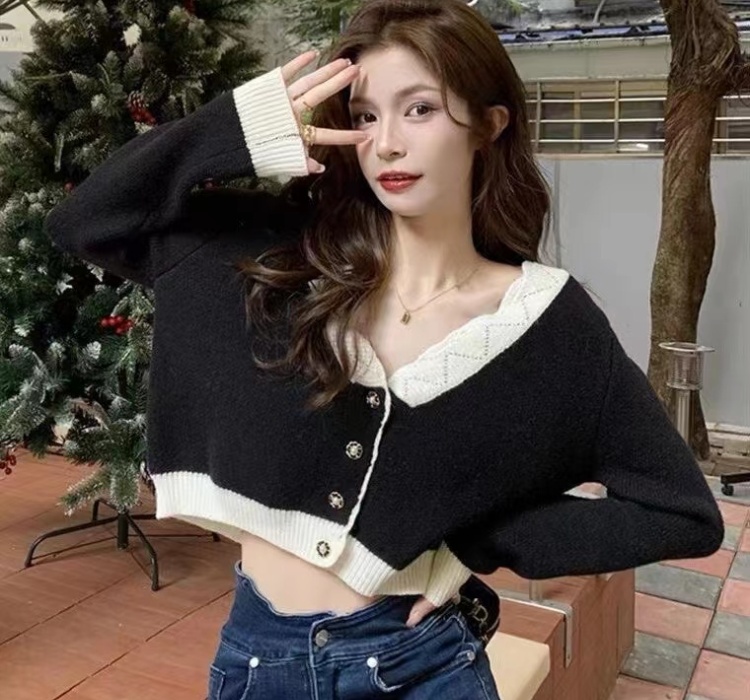 Knitted niche France style sweater V-neck spring tops