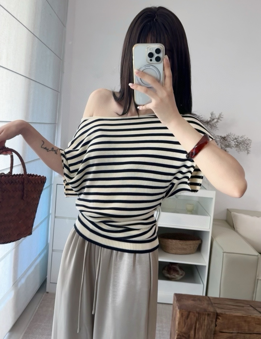 Loose Korean style lazy tops stripe all-match T-shirt