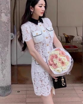 Lace temperament lapel hollow spring and summer dress