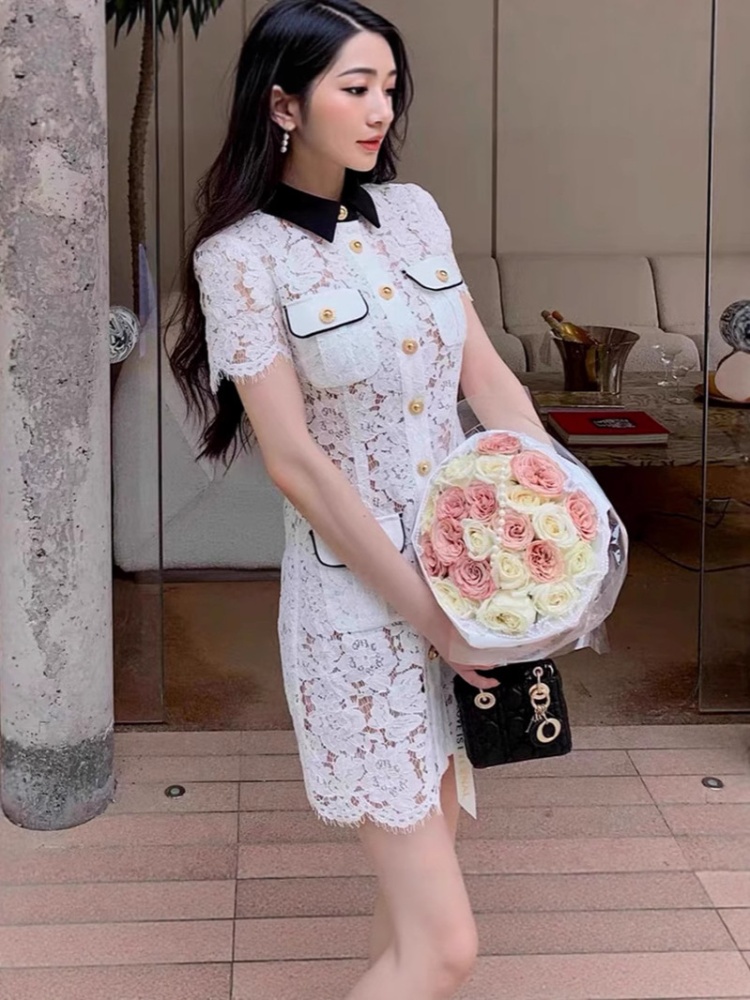 Lace temperament lapel hollow spring and summer dress